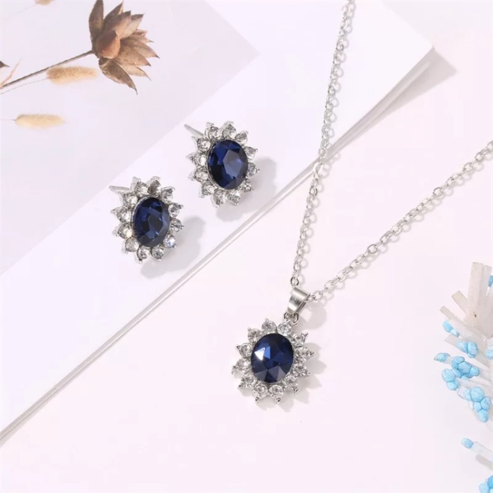 Sapphire and silver jewelry set necklace earrings